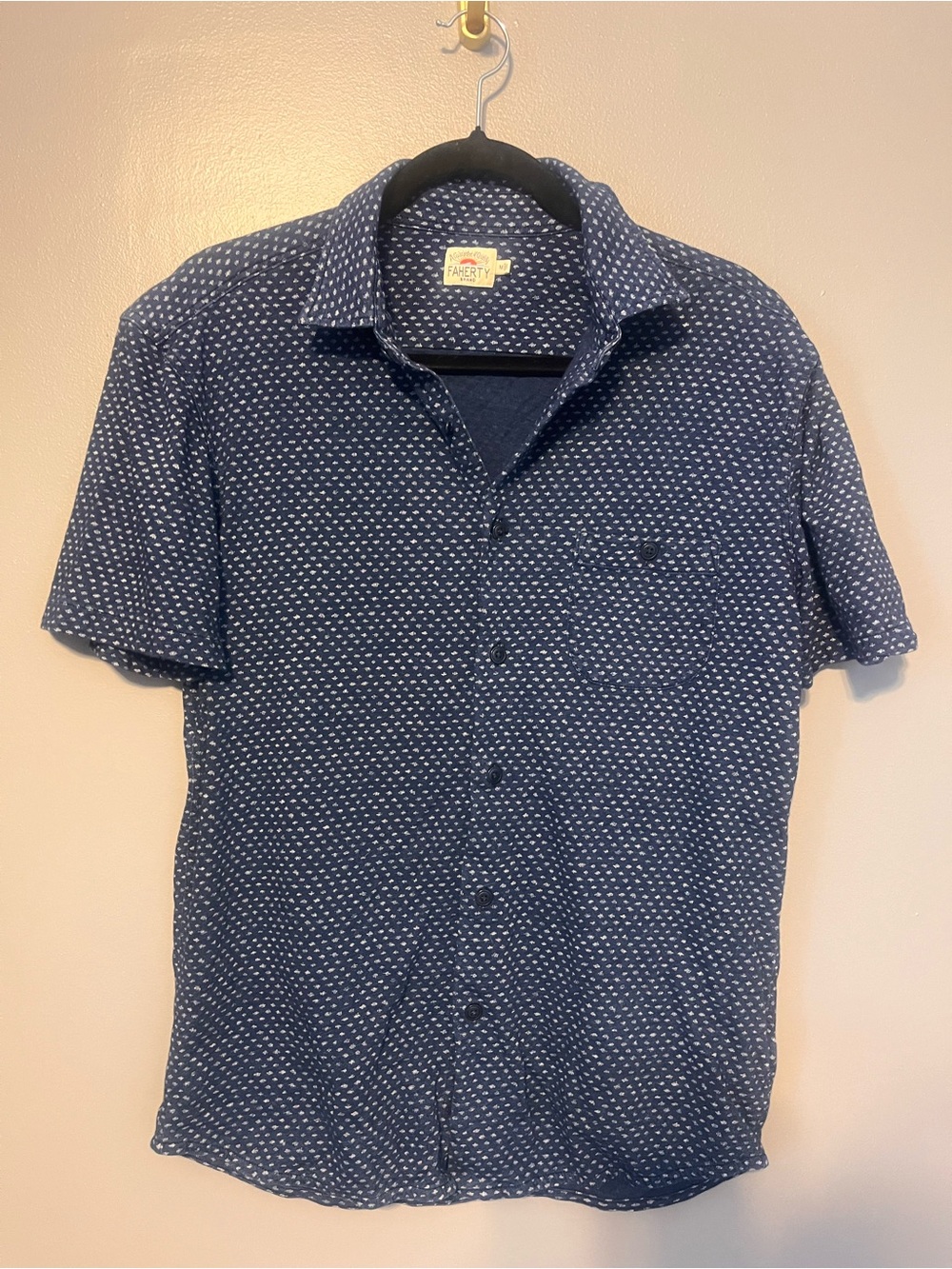 Faherty Navy Short-Sleeve Printed Button-Down Shirt